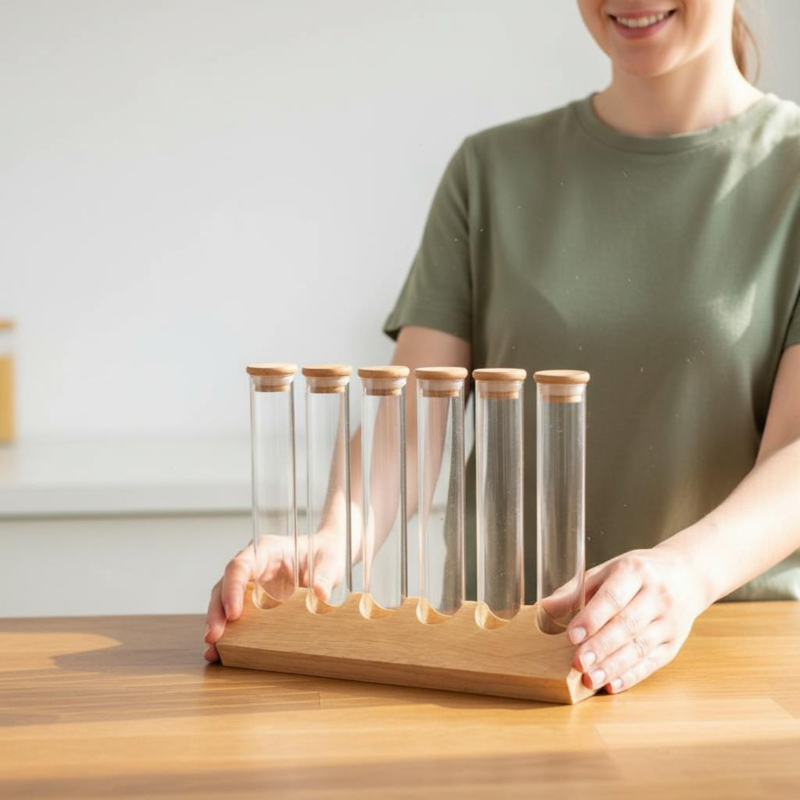 Display Stand Wood - ガラス管容器セット 木製スタンド付き 省スペース ガラス管木製ラックセット コーヒー豆ディスプレイスタンド 密閉保存