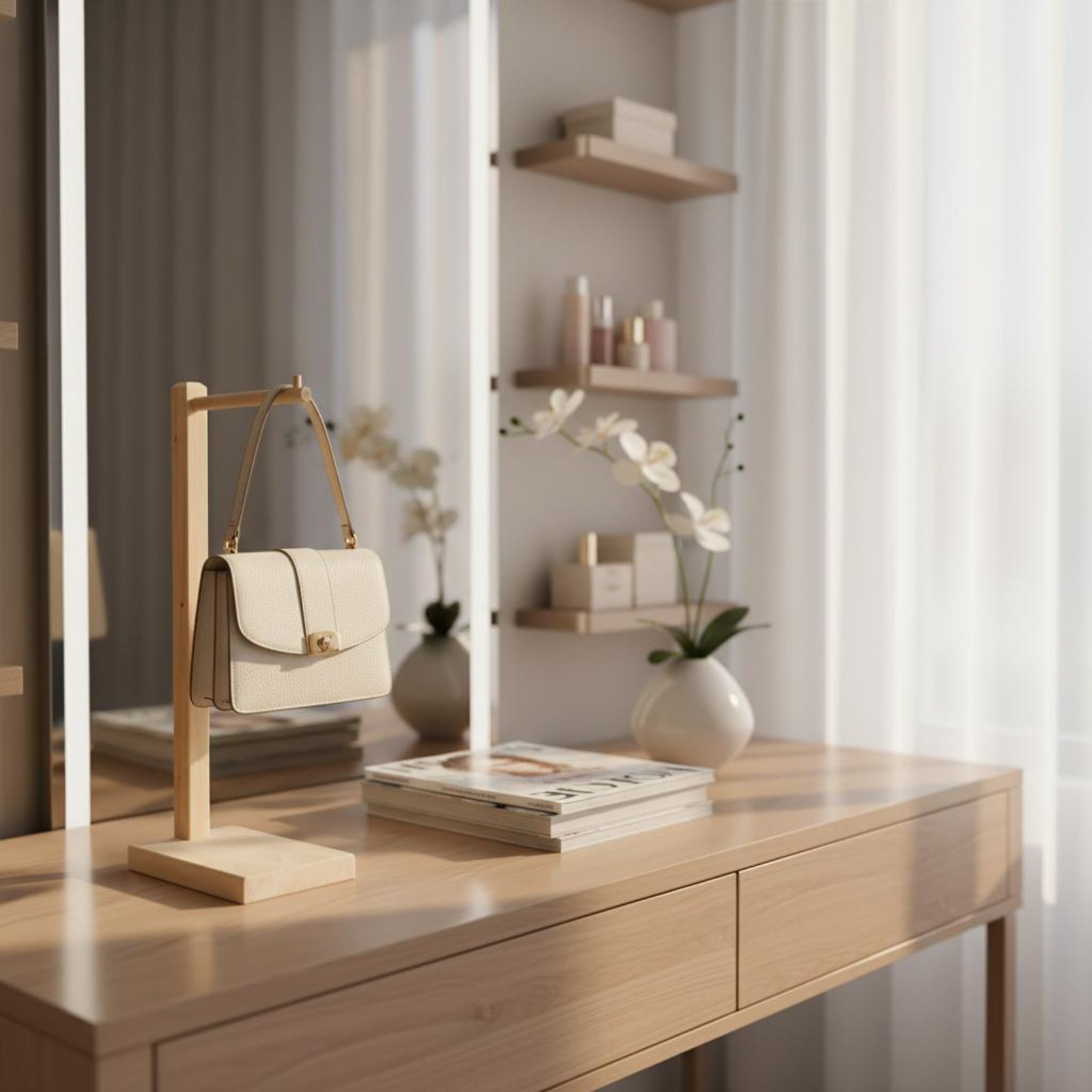 純木製バッグスタンド 丈夫なベース ハンドバッグディスプレイ - Display Stand Wood のレビューと価格
